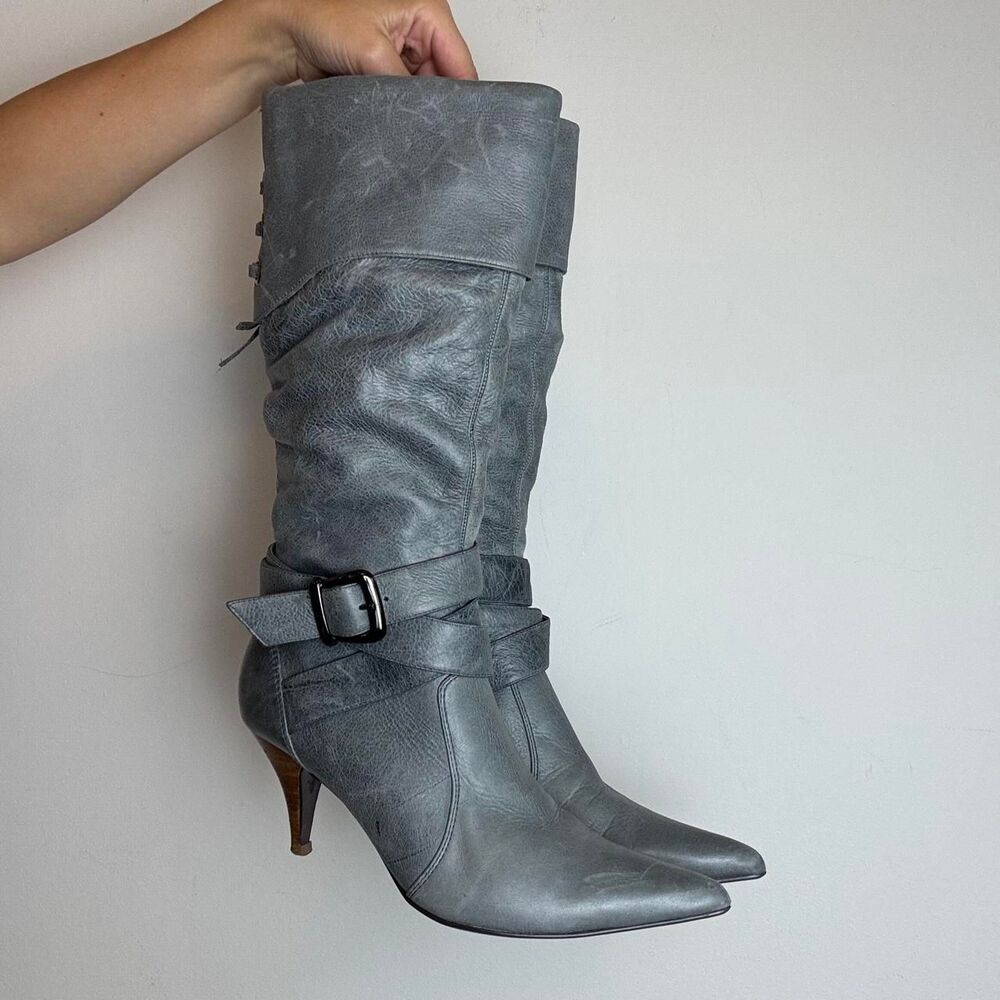 Gabriella Rocha vintage y2k gray leather pointed toe kitten heel knee high boots